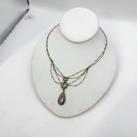 Monet Victorian Revival Festooned Marcasite Drop Bib Necklace Gold Tone 16-18” - Picture 3 of 13